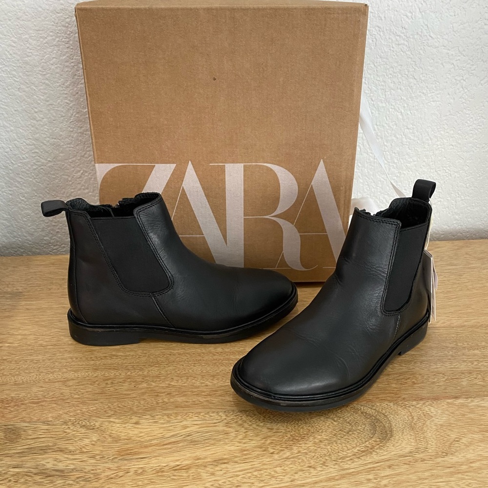 ZARA Black LEATHER ANKLE BOOTS WITH Elastic Size 13½ (7.7 INCHES)